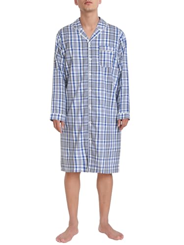 Latuza Men's Long Sleeve Cotton Button Down Nightshirt - color: Blue Plaid, size: Medium