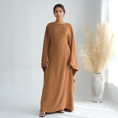 Abaya Dress for Women Soft Crepe Like Linen Khimar Butterfly Batwing Dubai Islam Muslim Kaftan Modest Prayer Dress - color: Khaki, size: Medium