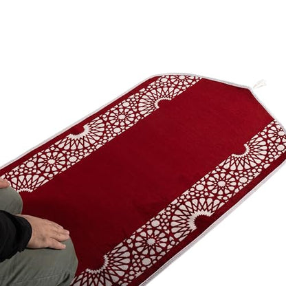 Modefa Turkish Islamic Prayer Mat - Chenille with Foam and Carrying Bag - Intricate Praying Rug Ramadan Eid Gift - Traditional Muslim Janamaz Seccade for Men Women - Mustaqim (Red) - color: Red