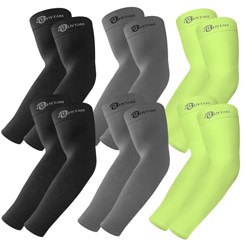 BHYTAKI UV Sun Protection Arm Sleeves, UPF 50 Sports Cooling Arm Compression Sleeves for Men Women Teenager - color: 2 Black+2 Dark Gray+2 Fluorescenct Green