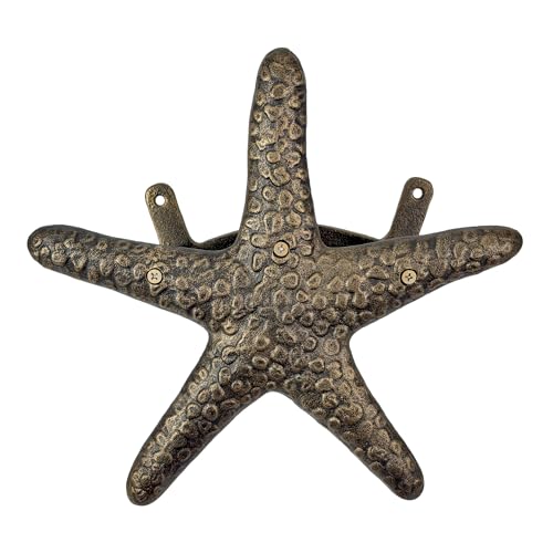 Zeckos Garden Hose Holder Starfish Bronze 12 Inch Cast Iron | Textured Coastal Shape, 5.5 Inch Deep, Three Mounting Tabs, Matching Screws - color: Starfish - Bronze