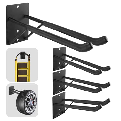 14" Large Heavy Duty Garage Hooks, 4-Pack Steel Garage Storage Hooks with Support Rods, Utility Wall Mount Hangers for Power Tools, Car Tires, Ladders, Chairs, Garden Tools and More - size: 4-Pack 14" Heavy Hooks