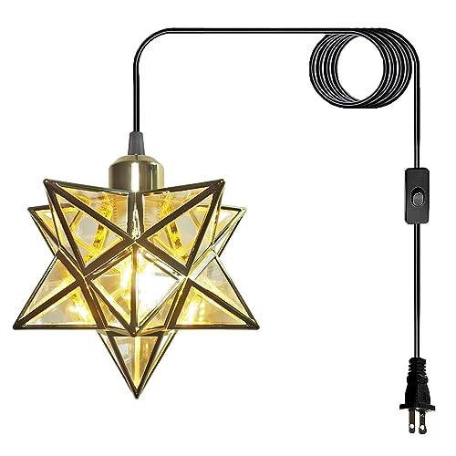Gold Moravian Star Hanging Light with 16.5ft Plug-in Cord,Farmhouse Star Pendant Light Fixture with Switch,Indoor Decorative Ceiling Light for Bedroom Kitchen Island Porch Etc(LED Bulb Include) - color: Gold-transparent