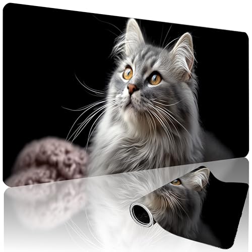 XXL Gaming Mouse Pad 35.4x15.7 Inch, Large Extended Desk Mat | Mousepad with Cat Design, Non-Slip Rubber Base, Water-Resistant Surface and Stitched Edges for Gaming, Office & Home - color: Cat