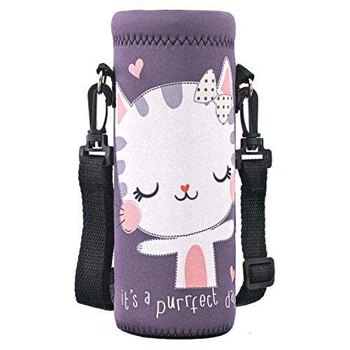 Neoprene Water Bottle Carrier Bag with Adjustable Shoulder Strap,Insulated Water Bottle Cover for Stainless Steel/Glass/Plastic Bottles - color: Cute Cat, size: 500ml