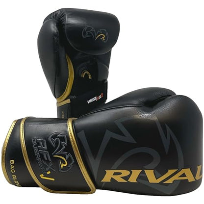 RIVAL Boxing RFX-Guerrero-V Bag Gloves, Multi-Layered Inner Foam Padding (HDEF), Premium Leather, Wrist Lock 2 System - color: Black/Gold, size: 8 oz.