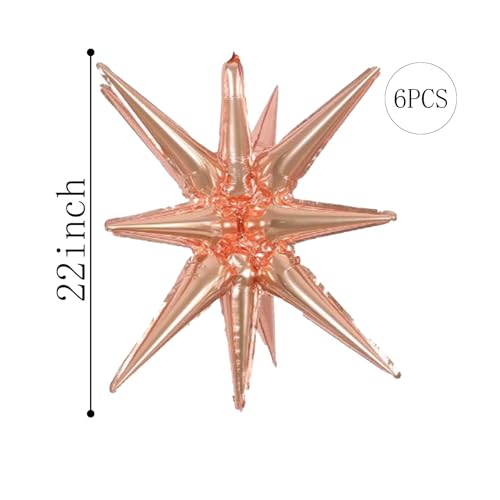 6 Pcs Rose Gold Star Foil Balloons One-Piece 14-Pointed Star Balloon 4D Cone Mylar 22inch Christmas Birthday Wedding Fireworks Shape Party Supplies (Rose Gold) - color: Rose Gold