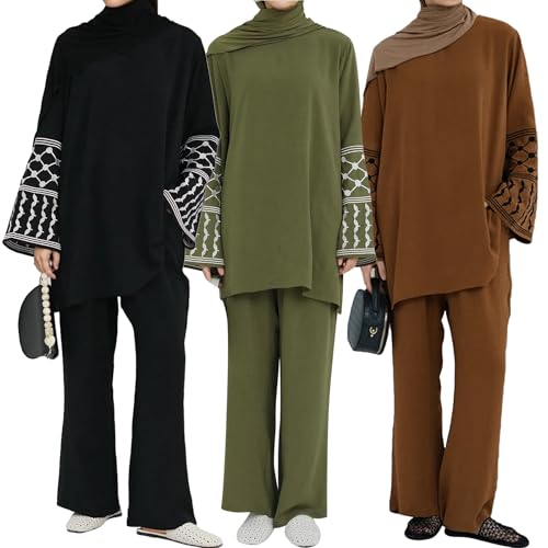 2 Piece Muslim Outfits for Women Palestine Embroidery Abayas Long Sleeve Loose Top Pants Islamic Dubai Prayer Clothes - color: Army Green, size: Small