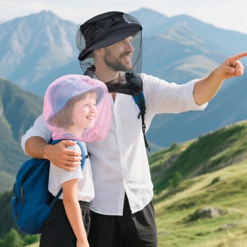 South to East Premium Girls Mosquito Head Net for Insect, 2 Pack, Fly & Bug Protection | Ultra Large & Long, Extra Fine Holes for Camping, Hiking, Fishing, Safari, Fits All Hats for 5-12 yrs, Pink - color: Pink
