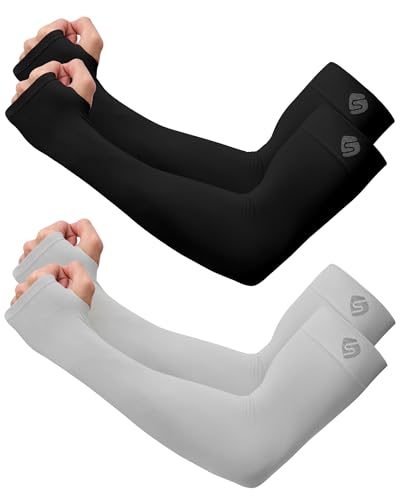 Arm Sleeves for Men Women UV Sun Protection Compression Arm Warmer Tattoo Cover Up, Sports Golf Cooling Sleeves - color: 2 Pairs_black+grey