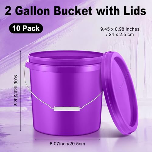 Tioncy 10 Pcs 2 Gallon Plastic Buckets with Lids and Handles,Purple | Storage Pails for Paint, Cleaning, Organizing, Durable Containers, Metal Handles, Plastic Material - color: Purple