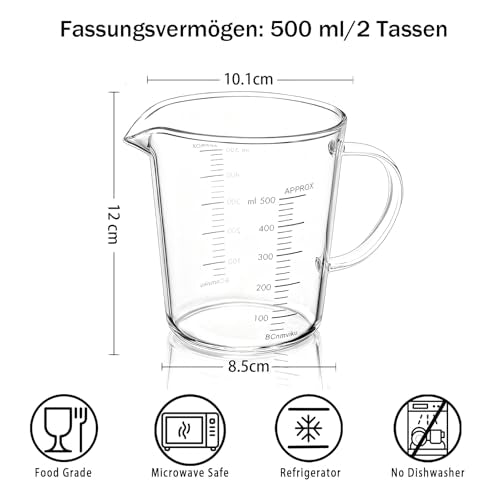 BCnmviku Glass Measuring Cups High Borosilicate 500ML 2CUPS [Insulated Handle | V-Shaped Spout]For Prepping Baking and Cooking Preheated Oven Dishwasher Freezer and Microwave Safe - size: 500ml
