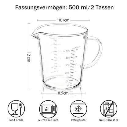 BCnmviku Glass Measuring Cups High Borosilicate 500ML 2CUPS [Insulated Handle | V-Shaped Spout]For Prepping Baking and Cooking Preheated Oven Dishwasher Freezer and Microwave Safe - size: 500ml