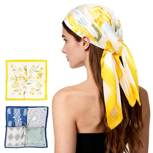 27" Head Scarf Like Satin Silk for Women,Hair Scarves Bandana,Headband Silk Feeling for Hair Wrap - color: Yellow White+dark Blue White
