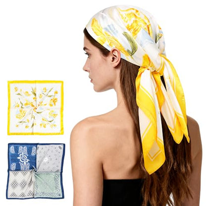 27" Head Scarf Like Satin Silk for Women,Hair Scarves Bandana,Headband Silk Feeling for Hair Wrap - color: Yellow White+dark Blue White
