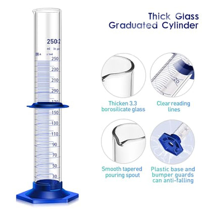 Thick Glass Graduated Cylinder Measuring Liquid Lab Cylinders with Anti-Falling Plastic Base and Bumper Guards and Glass Dropper (Glass, 250ML) - size: 250ML