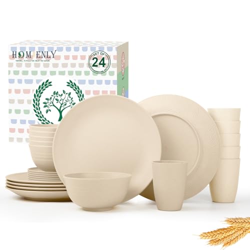 Homienly 24 PCS Premium Wheat Straw Dishes Set for 6, Reusable Plates and Bowls Sets,Cups,Lightweight & Unbreakable Dishwasher and Microwave Safe Dinnerware Sets for Kitchen,Outdoor- Beige - color: Beige, size: 24 PCS