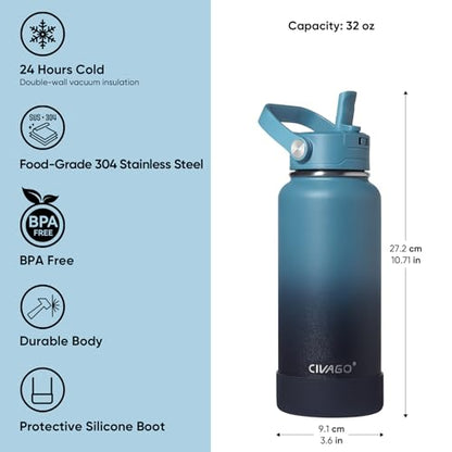 CIVAGO 32 oz Insulated Stainless Steel Water Bottle with Detachable Straw, Large Metal Water Jug with Bucket Handle, Leakproof Sports Water Flask with Silicone Boot, Dishwasher Safe, Dark Rainbow - color: Dark Rainbow, size: 32 Ounces