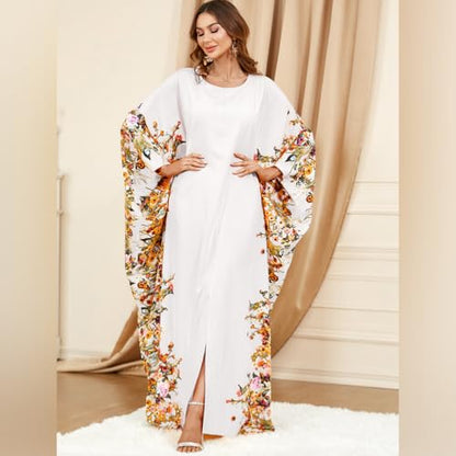 ODIZLI Ramadan Abaya for Women Muslim Batwing Sleeve Floral Print Prayer Dress Dubai Turkey Kaftan - color: White