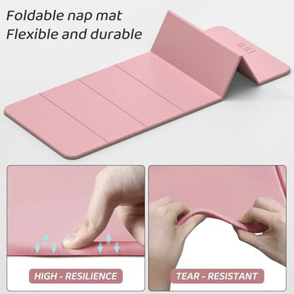 ILILI Foldable Yoga Mat 71 * 24 * 0.3 Inch | Lightweight TPE Non Slip Exercise Mat, Waterproof Portable Fitness Mat for Home Gym, Pilates, Stretching & Daily Workouts - color: Light Pink