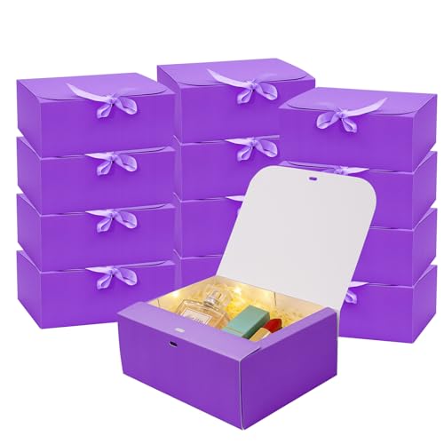 LWYMX 12 PCS Purple Gift Boxes with Lids，9.8x7.8x3.9, Bridesmaid Proposal Box with Ribbon, Gift Boxes for Wedding, Christmas, Valentine's Day,Birthday,Baby Shower and the other Parties - color: Purple, size: 1 Count (Pack of 12)