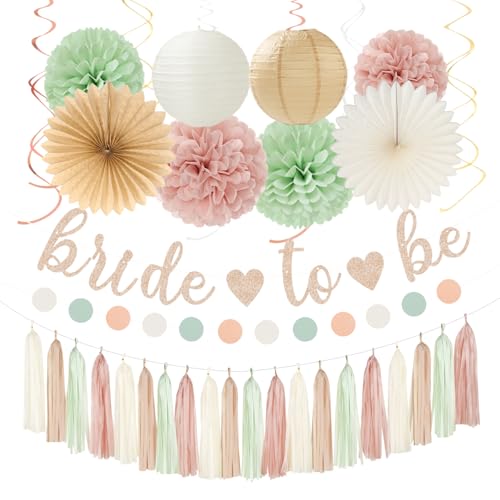 Sage-Green Pink-Beige Bridal-Shower Party-Decorations - 36pcs Bride to Be Banner,Bachelorette Paper Lanterns,Neutral Wedding Streamers Garland,Boho Tissue Pom Poms Flower Fan Decor Supplies Burgleda - color: Sage Green Pink Beige Bridal Shower