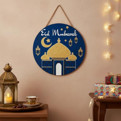 Smile Wooden Ramadan Wooden Decorations Eid Mubarak, Farmhouse Hanging Door Decor for Holiday Home Accent - style: Eid