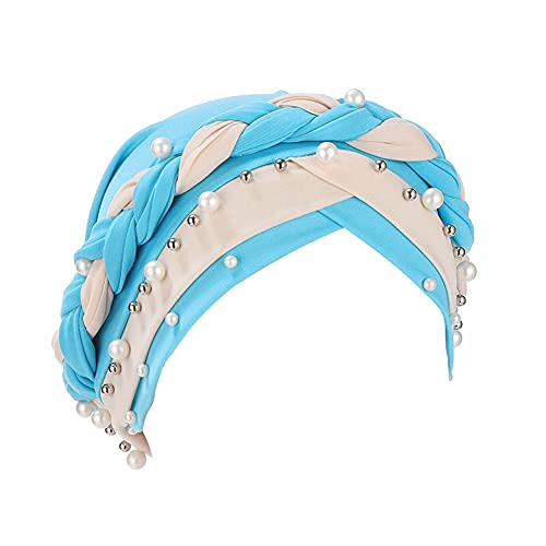 Fxhixiy Women Chemo Beanie Beaded Pearl Braid Turban Headwear for Hair Loss - color: Lake Blue Beige