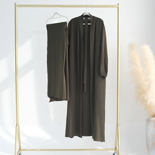 Women's Muslim Dress Two Pieces Set Islamic Prayer Abaya Modest Solid Color Muslim Outfits - color: Army Green Abaya and Army Green Hijab, size: Medium