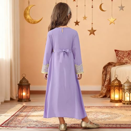 FYMNSI Kids Girls Muslim Abaya Dress Modest Lace Belted Prayer Dress Islamic Maxi Robe Kaftan Ramadan Arabian Dubai Clothes - color: Purple, size: 4-5T