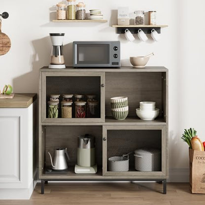 IDEALHOUSE Coffee Bar Cabinet, Farmhouse Sideboard Buffet Cabinet with Storage, Wine Liquor Bar Cabinet with Metal Sliding Door, Wood Accent Cabinet for Kitchen, Dining Room, Living Room, Grey