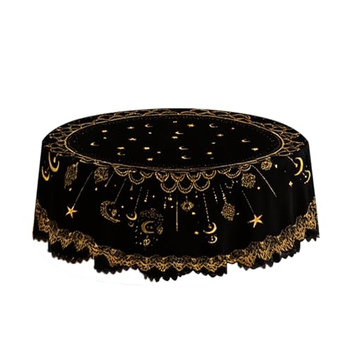 Black and Gold Lace Tablecloth for Ramadan - Round Elegant Table Cover with Star and Crescent Moon Design, Classic Home Dining Table Decor for Everyday Use