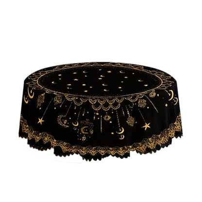 Black and Gold Lace Tablecloth for Ramadan - Round Elegant Table Cover with Star and Crescent Moon Design, Classic Home Dining Table Decor for Everyday Use