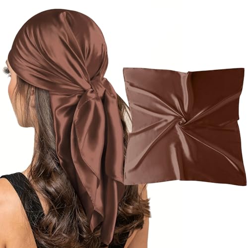 vimate 35" Square Silk Like Head Scarf - Women's Fashion Satin Scarf Bandana for Hair Wrapping at Night. - color: E#. Light Coffee