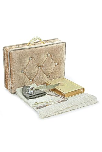 ihvan online Muslim Prayer Rug Set, Islamic Dowry Gift Box for Men & Women, Shawl, Kufi Hat, Digital Beads Counter, Quran Gift, Elegant Islamic Gifts Set for Ramadan & Eid & Wedding, Gold - color: Gold