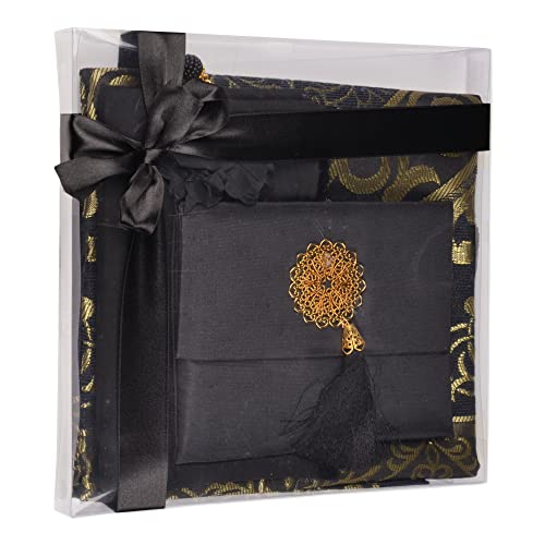 BABY SHOWER CHOCOLATE Prayer Rug Islamic Gift Set, Velvet Prayer Mat, Prayer Beads, Scarf and Yaseen Book, Perfect Family and Muslim Eid Gifts (Black) - color: Black