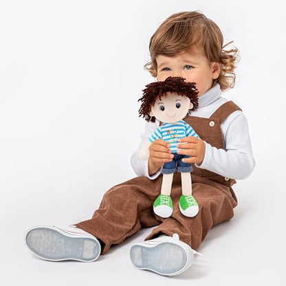 June Garden 14" Snuggle Cutie Benny – Best Big Brother Soft Plush Doll – Stuffed Boy Doll with Blue Striped Shirt and Green Shoes – Ideal Gift for Toddlers & Big Brother Celebrations - Blue M - color: 14" Big Brother Benny, size: Medium