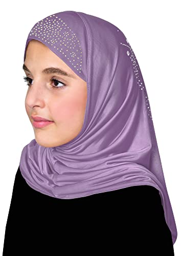 Aiyah Hijab for Girl's 1 piece Elastane-Spandex Amira Head Scarf with Rhinestones Easy Pull-on Headscarf - color: Medium - Lilac, size: Medium