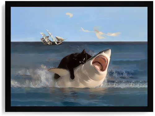 ICHZUMW Framed Funny Black Cat Biting Shark Ocean Canvas Wall Art 12x16 In - color: Black Shark Rider, size: 16"L x 12"W