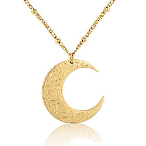 Qitian Islamic Jewelry Gifts for Women Muslim Pendant Gold Allah Arabic Necklaces Ayatul Kursi Necklace Moon Shape Islam - color: A-Gold