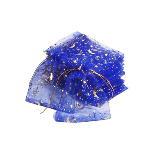 TYPAILYX 60 Pieces Moon Star Organza Jewelry Candy Bags, 3.5 X 4.7 inch Sapphire blue Little Mesh Candy Gift Bags, Organza Favor Gift Pouches with Drawstrings for Weddings Parties and Valentine's Day - color: Sapphire blue