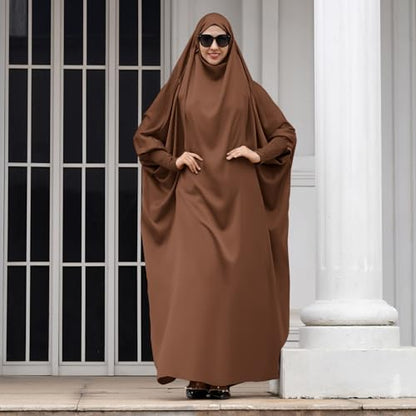 IKADEX Jilbab for Muslim Women Hooded Abaya Kaftan Dress Hijab Chador One-Piece Loose Fit Arabic Islamic Prayer Robe - color: Coffee
