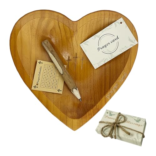 Wooden Heart Prayer Bowl with 30 Cards and Pencil, Christian Gift - color: Dark Wood