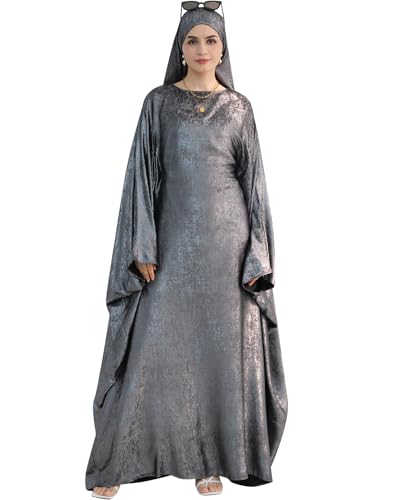 Luxury Dubai Style Abaya and Hijab Set, Breathable Modest Prayer Dress with Belt Loose Fit Muslim Robe - color: Silver Mist, size: Large(2)