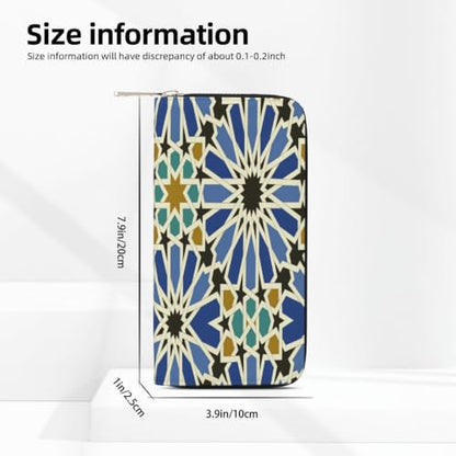 Geometric Islamic Art PU Leather Long Wallet for Women Men, Zipper Clutch Wallet RFID Card Holder Organizer - color: Geometric Islamic Art
