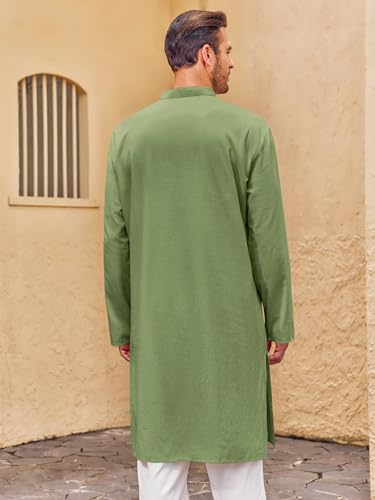 Runcati Mens Kaftan Thobe Button Down Henley Shirts Robe Long Sleeve Casual Cotton Pleated Muslim Gown Shirt - color: Army Green, size: Medium
