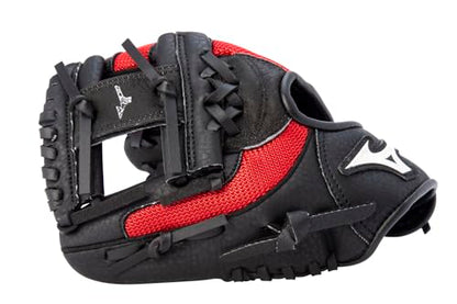 Mizuno Prospect PowerClose Youth Baseball Glove Series I V-Flex Notch I Parashock Palm Pad I Buttersoft Palm Liner - color: Black/Red|Deep 3 Web, size: 10"|All Positions|Ages 3-6