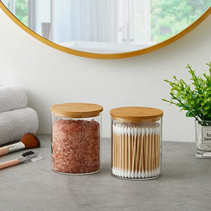 INIUNIK Glass Qtip Holder Dispenser with Bamboo Lid - 2 Pack Apothecary Jars - Cotton Balls Pads Swabs Holder Jar - Bathroom Vanity Canisters Jars for Countertop Storage and Organization - size: 2 Pack