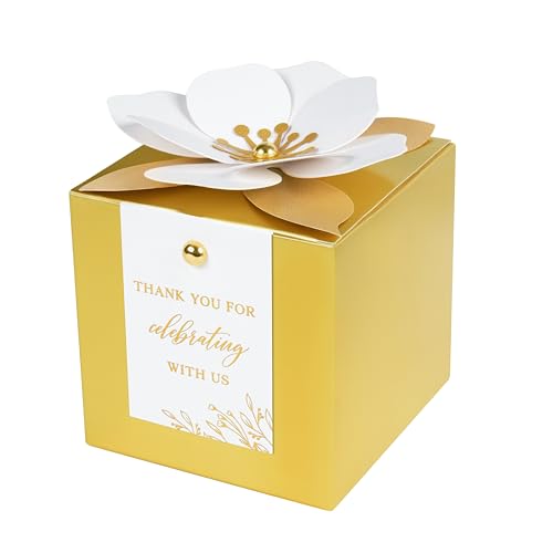 FEIYI 20 PCS Gold Gift Boxes, 3 In 1 Favor Boxes with Floral Decor, White Thank You Tags Cupcake Containers Gift wrapping for Wedding, Baby Shower, Birthday, Decorations Party - 3.55x3.55x3.55 - color: Gold, size: Large-(3.55")