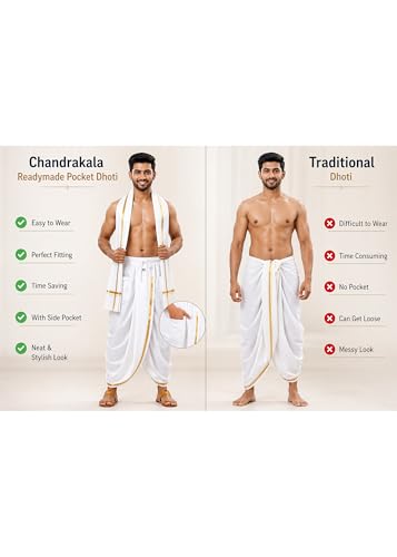 Chandrakala Readymade Pocket Dhoti and Angavastram with Golden Border for Men's (MK116-P) - size: Large